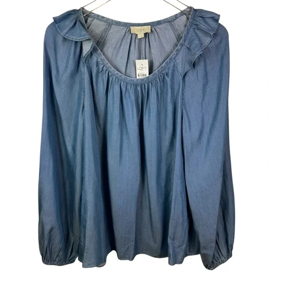NWT Loft Outlet Chambray Lyocell Peasant Top Ruffles Flowy Soft Women's Large - Picture 1 of 11